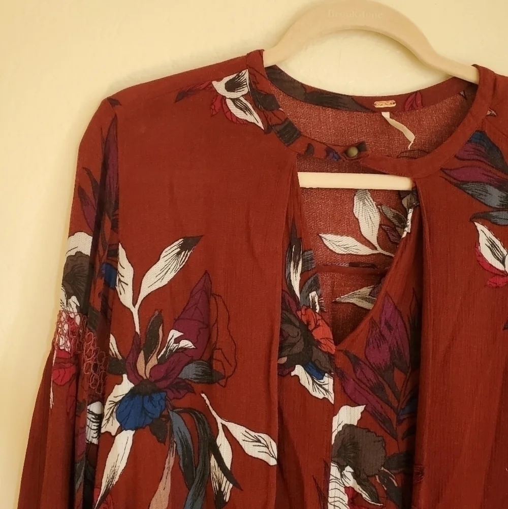 Free People Floral Electric Orchid Maroon Red Keyhole Tunic Dress Boho Casual XS